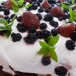 Павлова торта со овошје и чоколадо